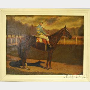 J. William Johnson (American, 19th/20th Century) Portrait of a Thoroughbred and Jockey.