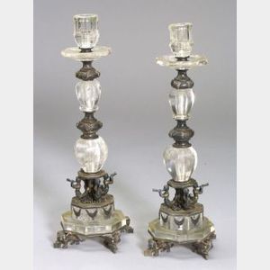 Pair of Continental Renaissance Revival Silver and Rock Crystal Candlesticks
