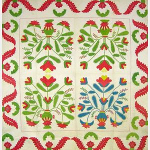 Green and Red Princess Feather Variation Applique Cotton Quilt.