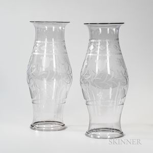 Pair of Blown and Etched Colorless Glass Hurricane Globes