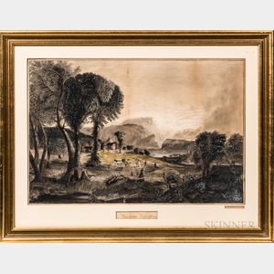 Charcoal and Tinted Chalk "American Harvesting" Pictorial View by M. Ella Flint