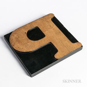 Oversized Carved Wood Printing Block Letter "P,"