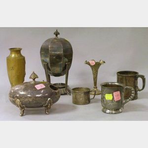Six Silver Plated Table Items and a Japanese Bronze Vase.