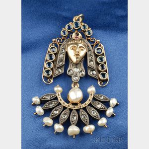Egyptian Revival Diamond and Gem-set Pendant Brooch, France