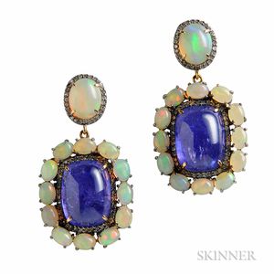 Tanzanite, Opal, and Diamond Earrings