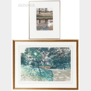 Two Framed Contemporary Landscape Prints: Donna Aldridge (American, 20th/21st Century),Red Bridge