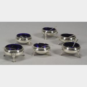 Six Sterling Silver Salts with Cobalt Blue Glass Liners and Ten Sterling Salt Spoons