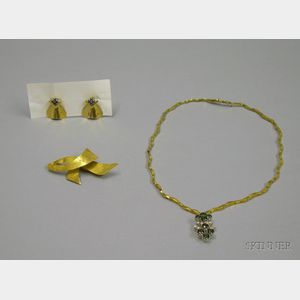 18kt Gold, Diamond, and Green Garnet Necklace, a Pair of 14kt Gold and Sapphire Earrings, and an 18kt Gold Bow ...