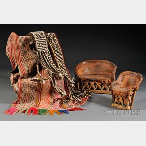 Three South American Weavings and Two Miniature Mexican Furniture Items.
