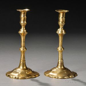 Pair of Queen Anne Brass Petal-base Candlesticks