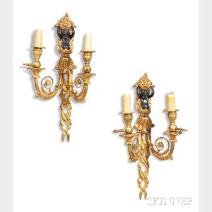 Pair of Gilt and Patinated Bronze Two-light Wall Sconces