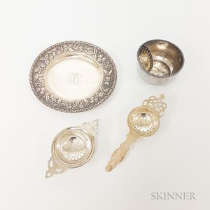 S. Kirk & Son Sterling Silver Repousse Plate, Tea Strainer, Cup with Built-in Strainer, and Silver-plated Tea Strainer