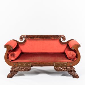 Diminutive Classical Carved Mahogany and Mahogany Veneer Sofa