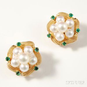 14kt Gold, Cultured Pearl, and Emerald Earclips