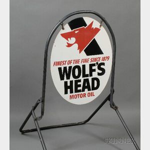 Wolfs Head Motor Oil Sign on Stand.