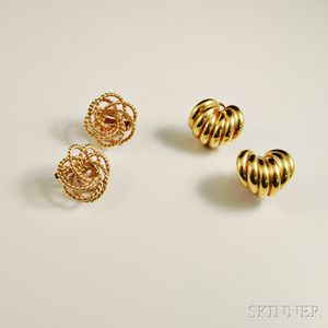 Two Pairs of 14kt Gold Earrings