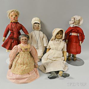 Five Painted Oilcloth Dolls
