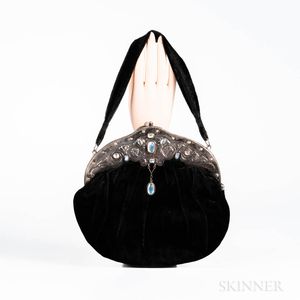 Art Deco Black Velvet Evening Bag with Silver and Moonstone Clasp