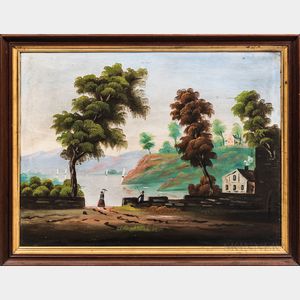 American School, Late 19th Century Primitive River View with Figures and Cottage
