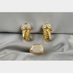 18kt Gold and Diamond Ring and Earclips, David Yurman