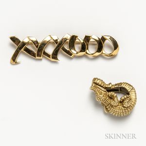 Tiffany & Co. 18kt Gold "XXXOOO" Brooch and Barry Kieselstein-Cord 18kt Gold Alligator Earclip