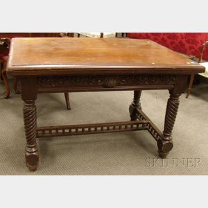 Late Victorian Carved Cherry Library Table with Long Drawer