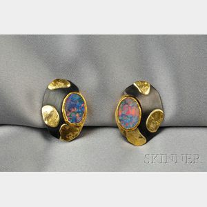 Mixed Metal and Assembled Opal Earclips, Janiye