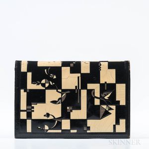 Art Deco Black Leather Imprinted Envelope Clutch