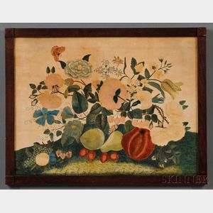 American School, Reportedly from Maine, 19th Century A Theorem of Flowers, Fruit, and a Moth.