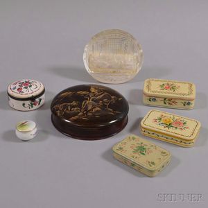Six Lacquered and Enameled Snuff Boxes and a Carved Mother-of-pearl Plaque. 