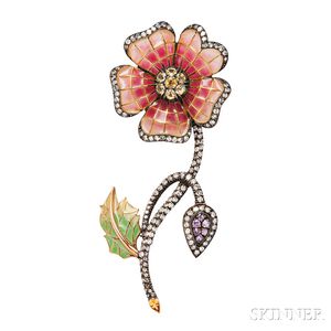 Plique-a-Jour Enamel and Diamond Flower Brooch