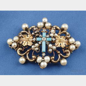 Antique Pearl, Turquoise, and Diamond Brooch
