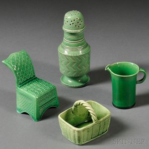 Four Staffordshire Cream-colored Earthenware Green Glazed Items