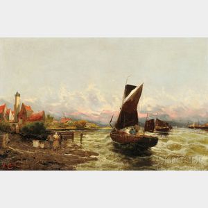 Georg Fischhof (Austrian, 1859-1914) Shore with Fishermen
