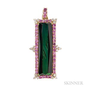 18kt Gold, Green Tourmaline, Pink Sapphire, and Diamond Pendant/Brooch, Laura Munder