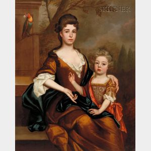 School of Godfrey Kneller (British, 1646-1723) Portrait of a Lady and Her Son, Seated in a Landscape, a...
