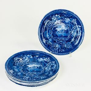 Set of Six R. Hall's "Select Views" Staffordshire Blue Transfer-decorated Plates