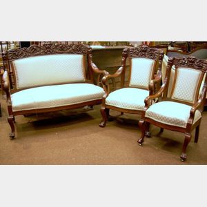 Three-piece Victorian Upholstered Carved Walnut Parlor Suite