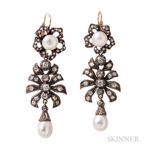 Natural and Cultured Pearl and Diamond Earrings