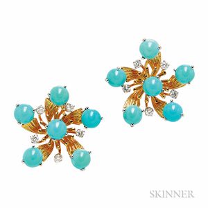 18kt Gold, Turquoise, and Diamond Earclips, Schlumberger, Tiffany & Co.