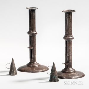 Pair of Iron Hogscraper Candlesticks with Tin Dousing Cones
