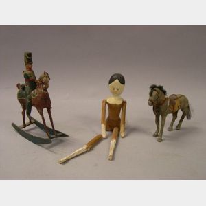 Carved and Painted Wooden Toy Horse and Rider, Articulated Doll, and a Horse.