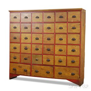 Large Yellow- and Red-painted Thirty-three-drawer Chest