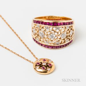 18kt Gold, Ruby, and Diamond Ring and an 18kt Gold, Ruby, and Diamond Pendant