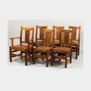 Six Stickley Brothers Arts & Crafts Oak Dining Chairs