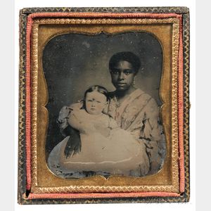 American School, 19th Century Sixth-plate Ambrotype of Effie Daunis with Her African American Nurse, Thibodaux, Louisiana