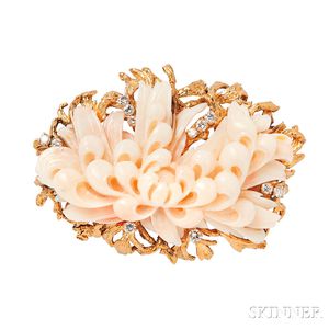 18kt Gold, Coral, and Diamond Flower Brooch
