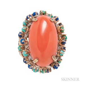 14kt Gold, Coral, Turquoise, and Sodalite Ring