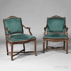 Two Upholstered Shell-carved Open Armchairs