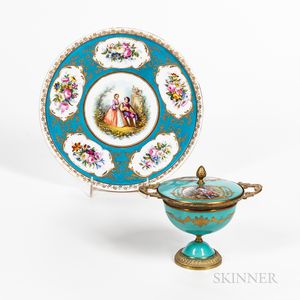 Small Covered Ceramic Urn and Gilt Painted Plate